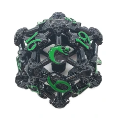Old School Dice: Hollow Metal D20 Spindown -Skull - Black Nickel with Green